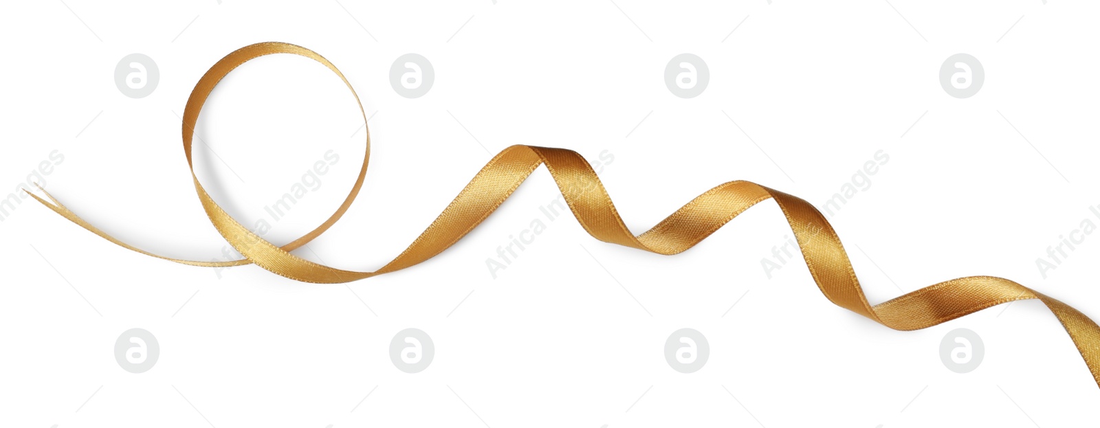 Photo of Beautiful golden ribbon isolated on white, top view