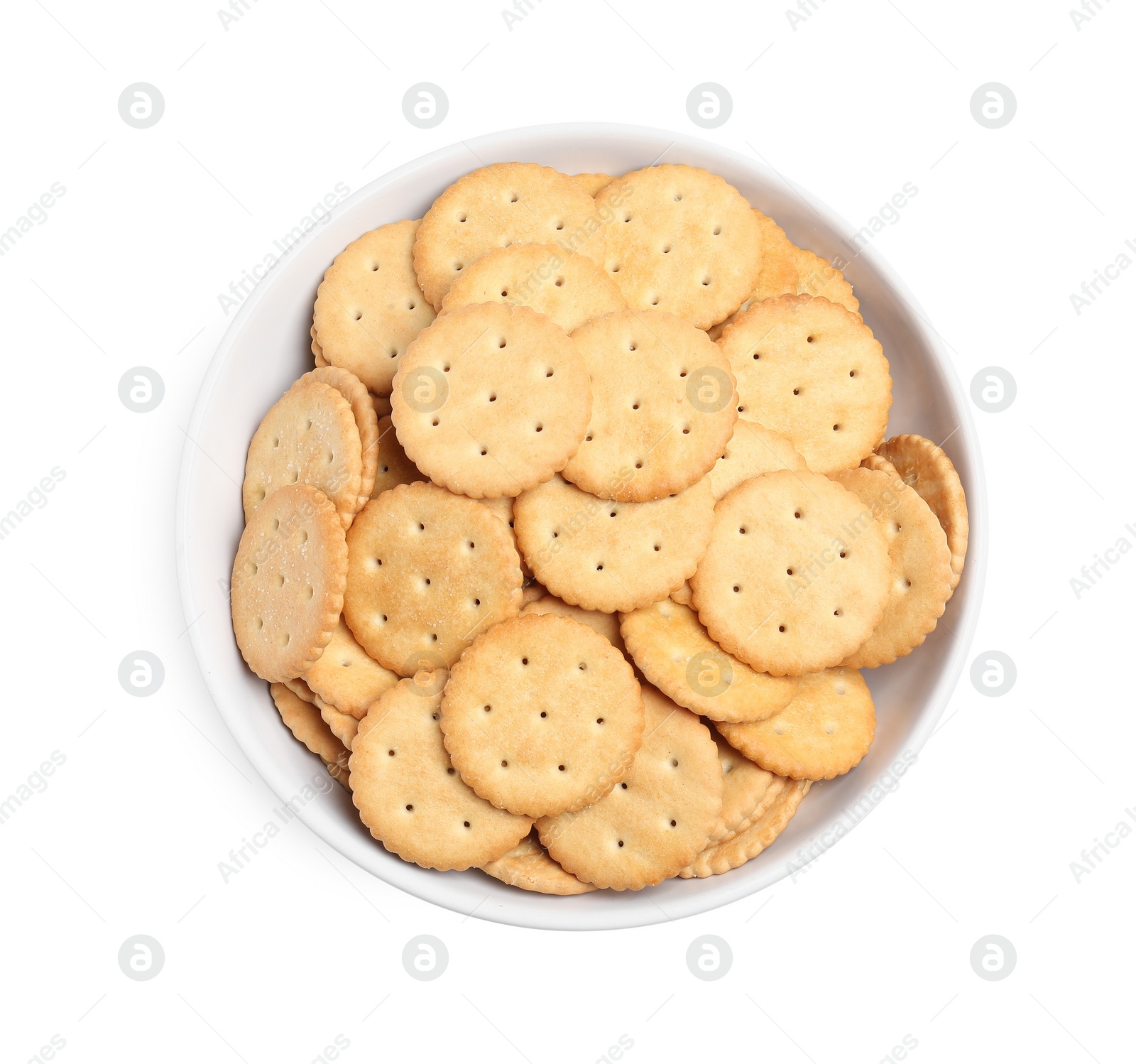 Photo of Tasty crackers in bowl isolated on white, top view