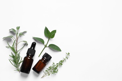 Photo of Bottles of essential oils and different herbs on white background, flat lay. Space for text