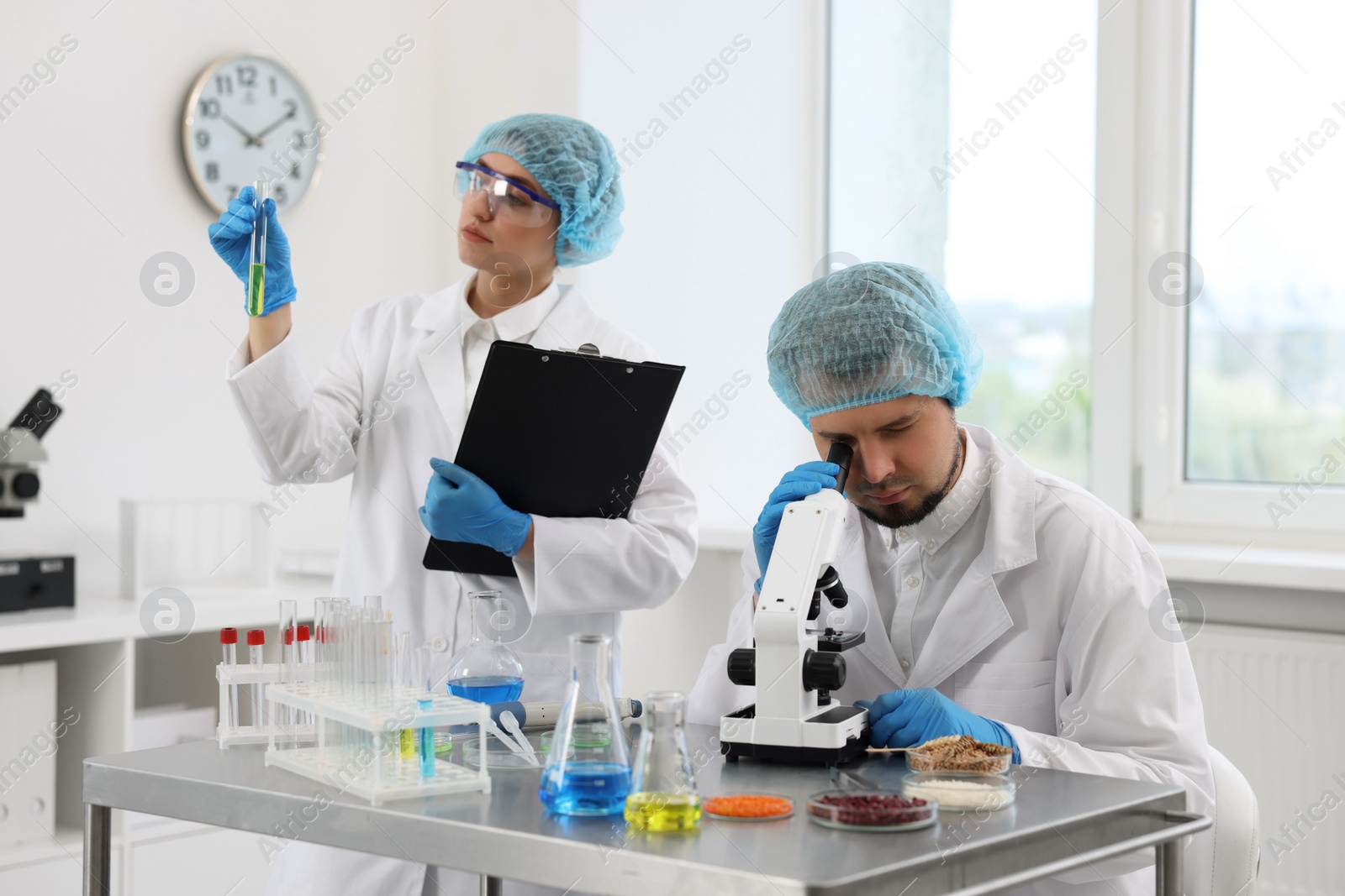 Photo of Quality control. Food inspectors checking safety of products in laboratory