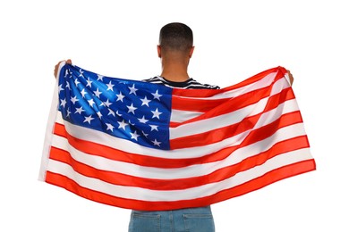 Photo of 4th of July - Independence Day of USA. Man with American flag on white background, back view