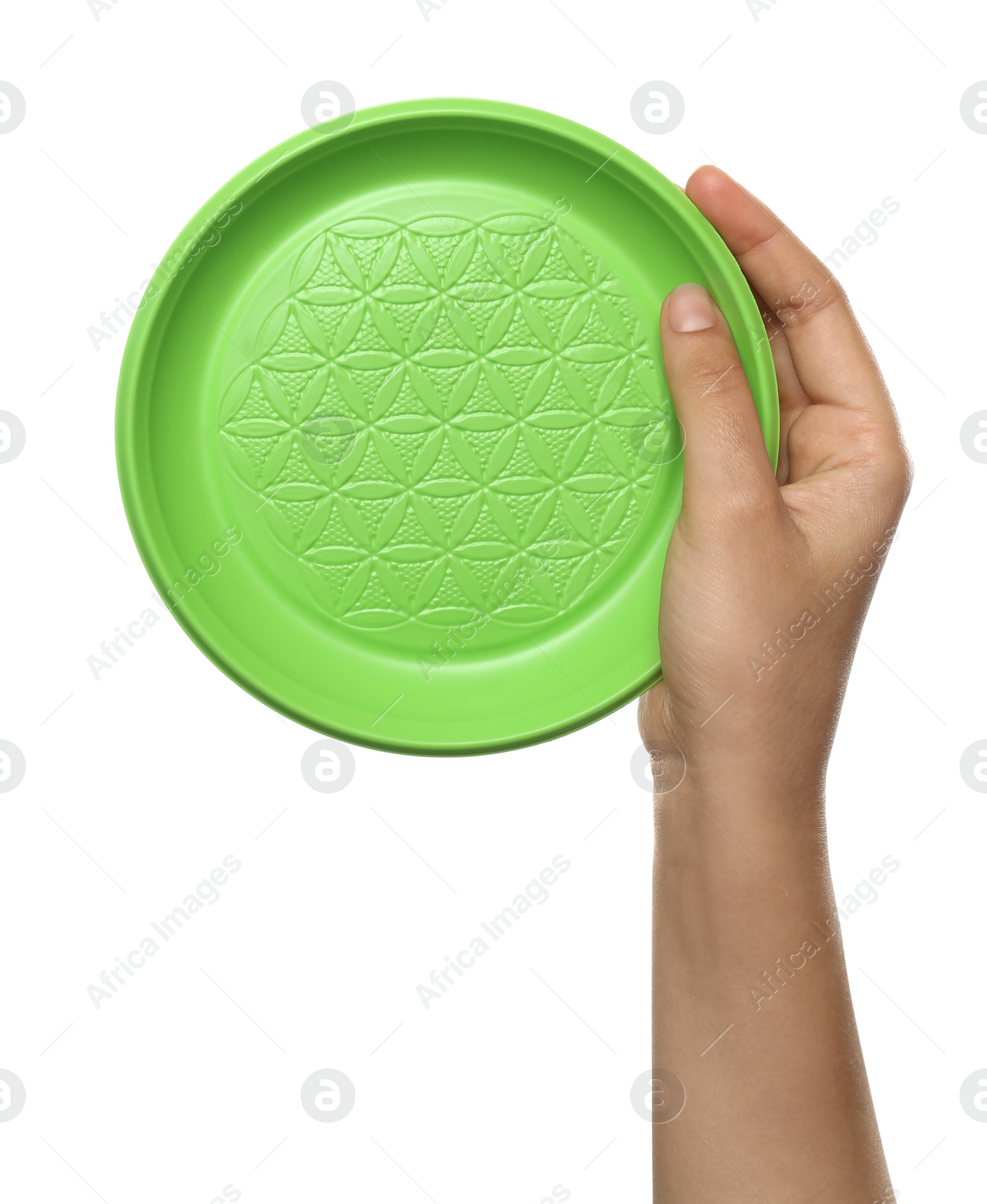 Photo of Woman holding plastic plate on white background, closeup