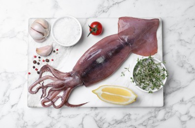 Photo of Fresh raw squid served on white marble table, top view