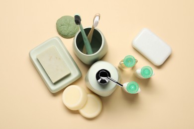 Bath accessories. Flat lay composition with personal care products on beige background