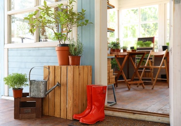 Rubber boots, watering can and plants on wooden crates near house outdoors. Gardening tools