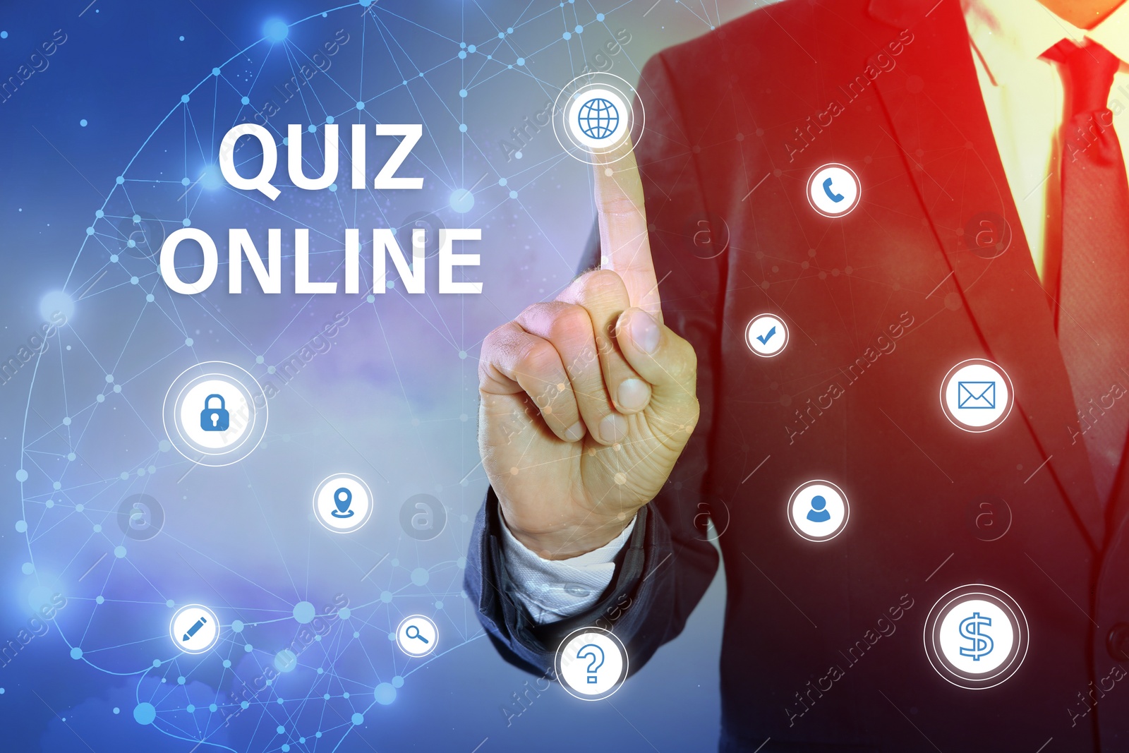 Image of Quiz online. Man pointing at icons on virtual screen against color background, closeup 