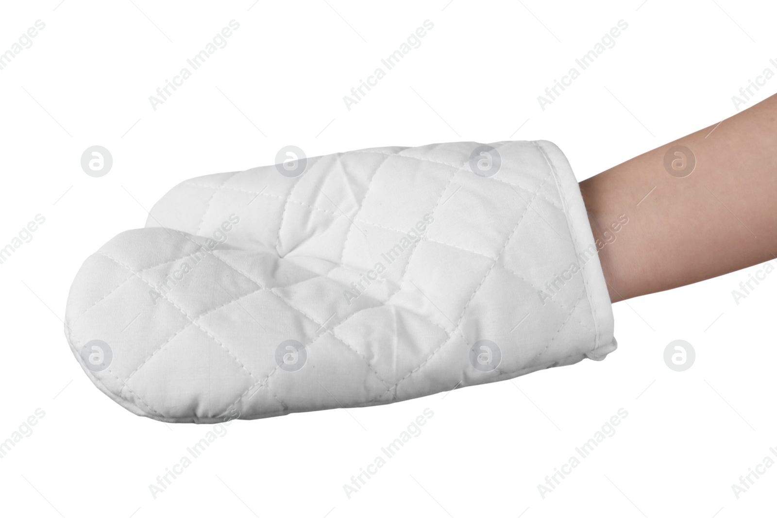 Photo of Chef in oven glove on white background, closeup