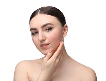 Photo of Makeup product. Woman with black eyeliner and beautiful eyebrows on white background