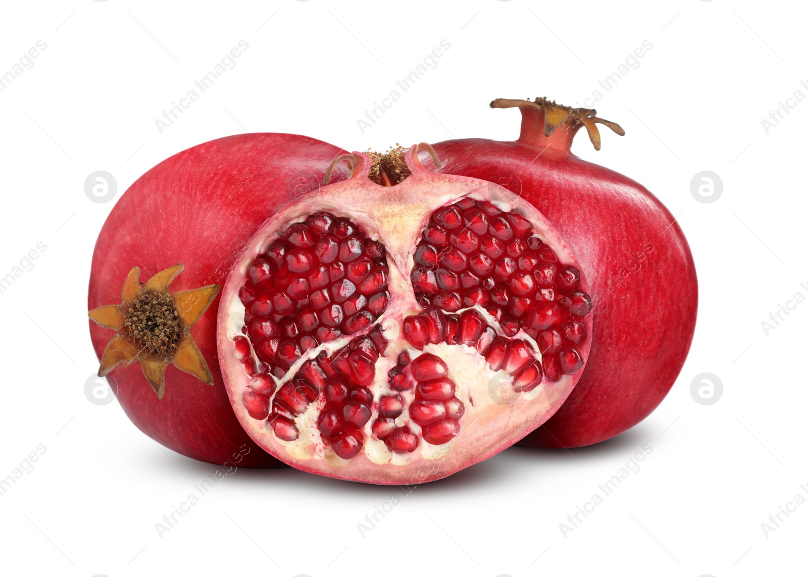 Image of Fresh ripe juicy pomegranates on white background