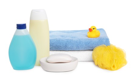 Baby cosmetic products, bath duck, sponge and towels isolated on white