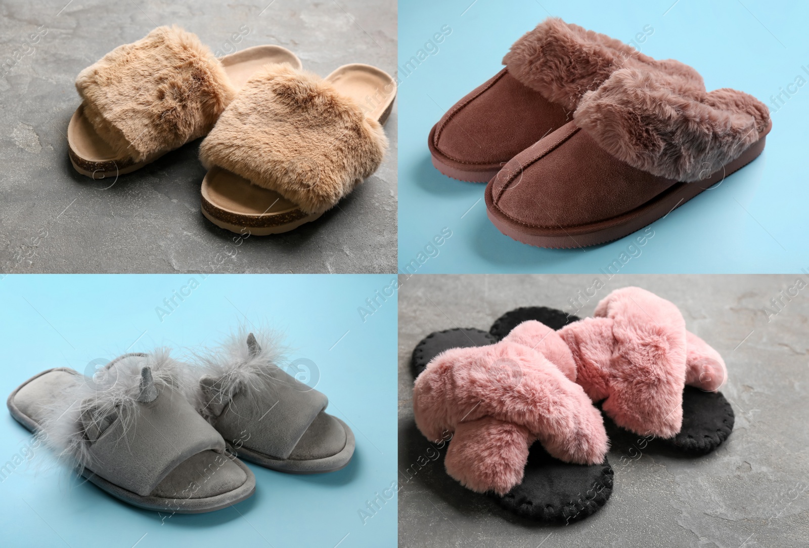 Image of Collage with soft slippers on different backgrounds