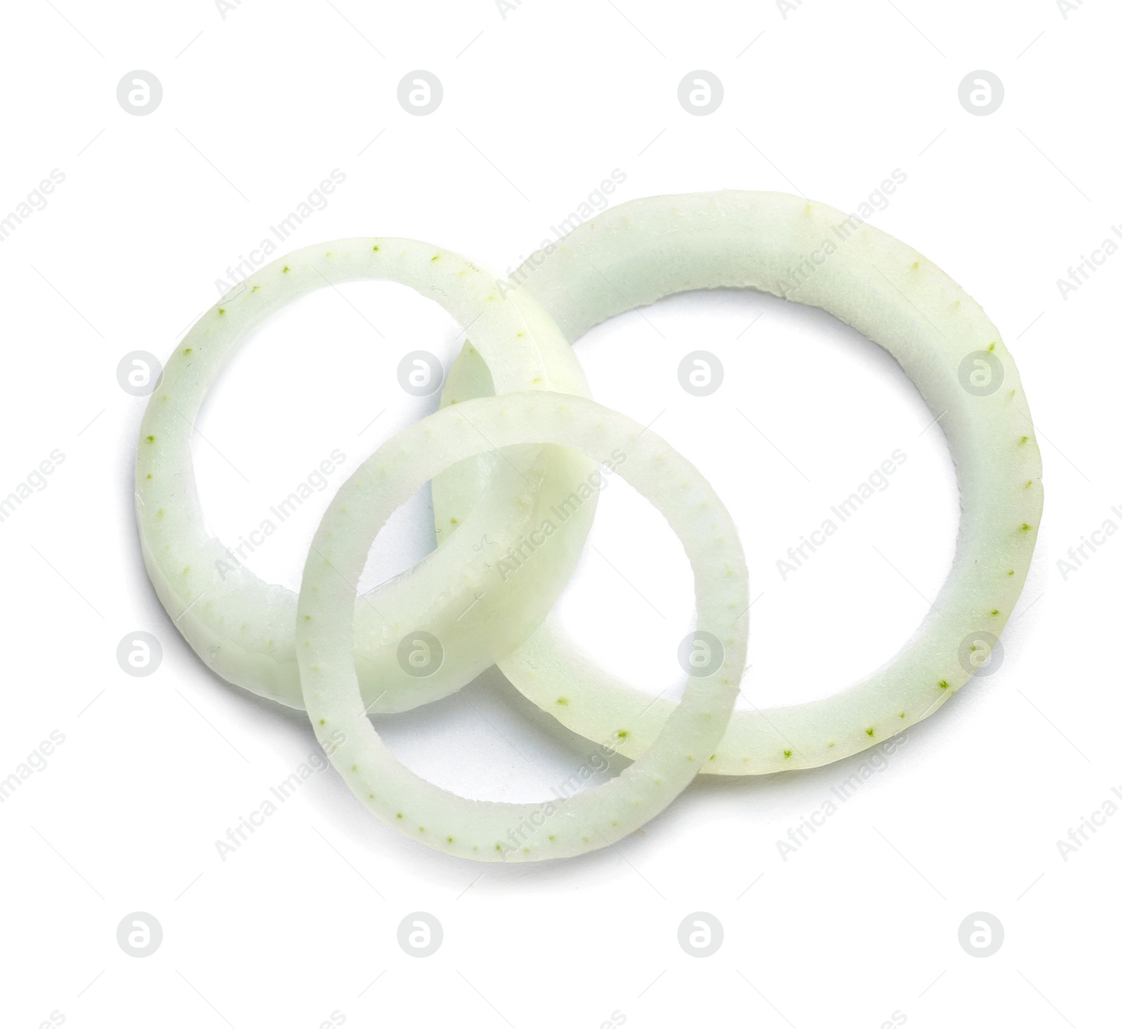 Photo of Fresh raw onion rings on white background