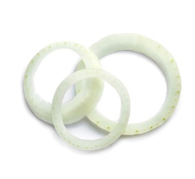 Fresh raw onion rings on white background