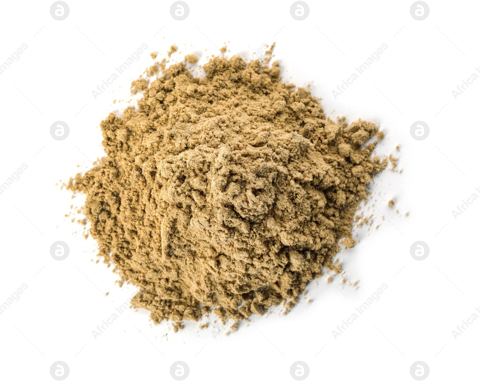 Photo of Pile of pumpkin seed flour isolated on white, top view