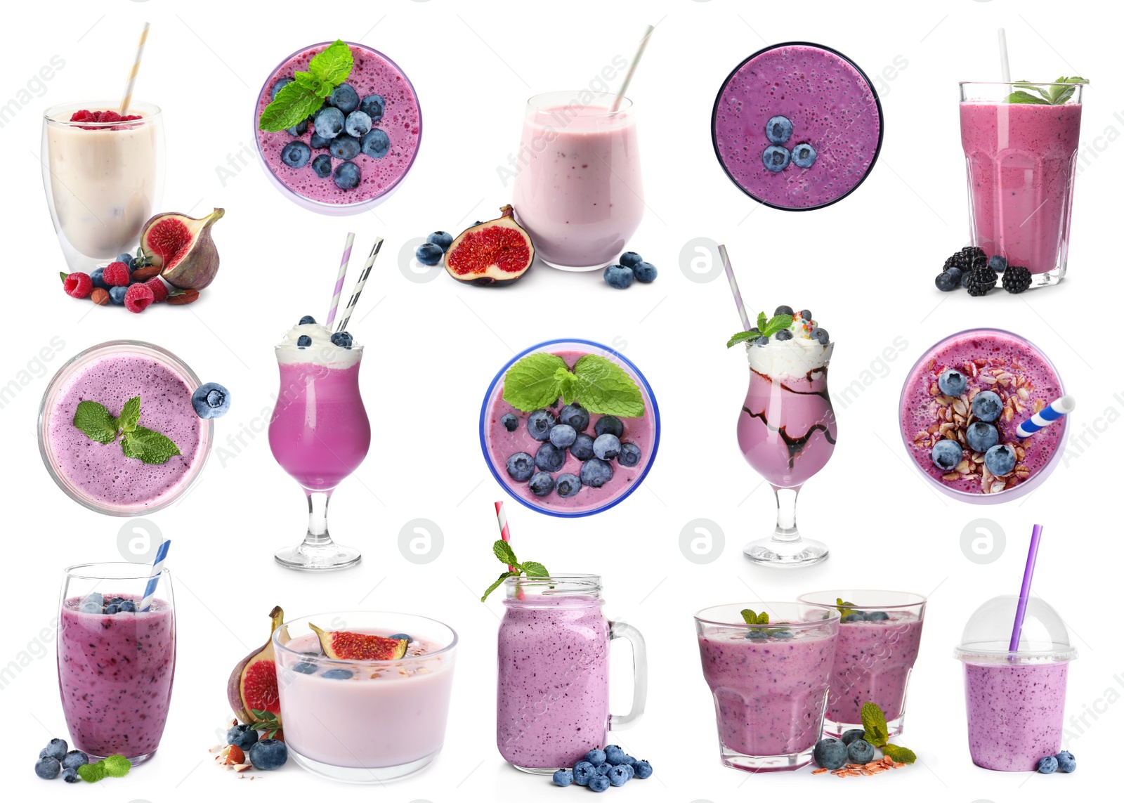 Image of Set with delicious blueberry smoothies on white background