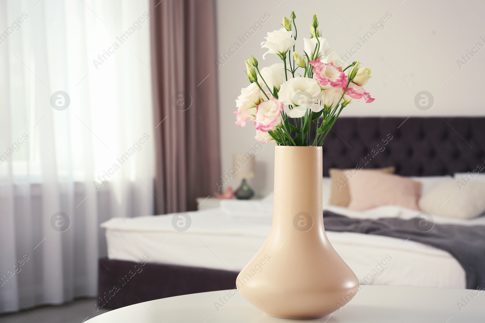 Photo of Beautiful flowers in vase and space for text on blurred background. Element of interior design