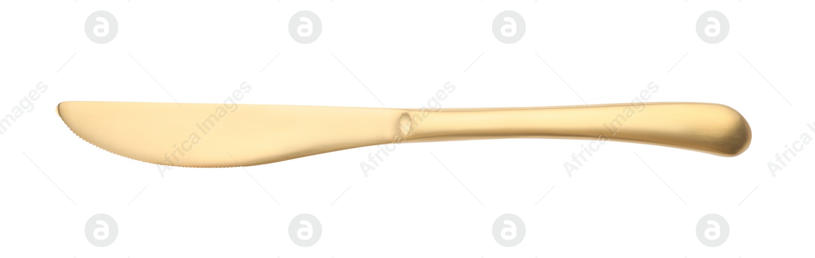 Photo of One shiny golden knife isolated on white, top view