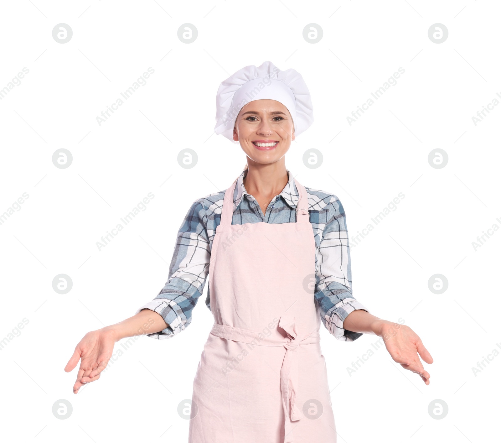 Photo of Female chef in apron on white background