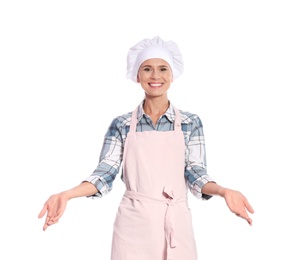 Photo of Female chef in apron on white background