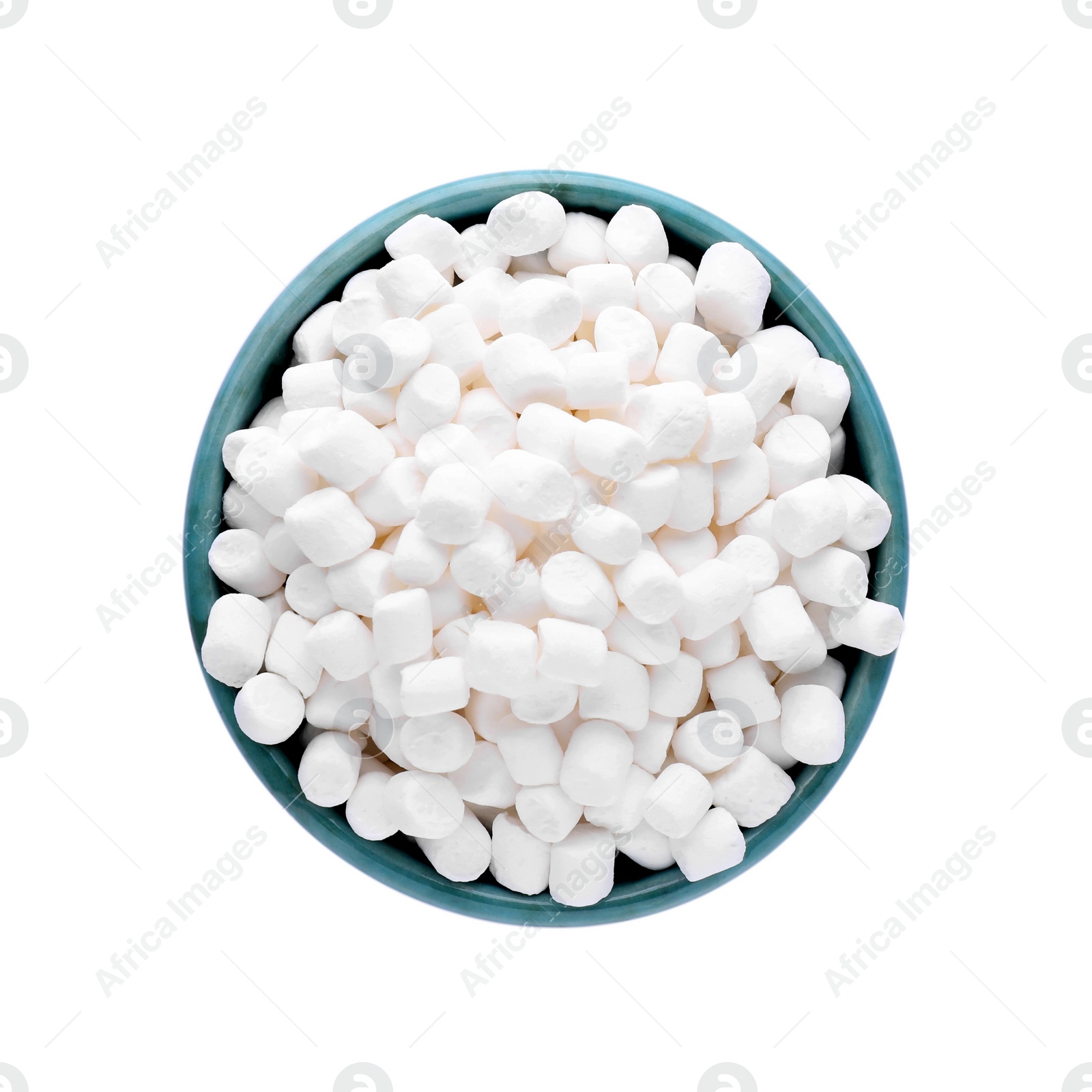 Photo of Bowl of delicious puffy marshmallows isolated on white, top view