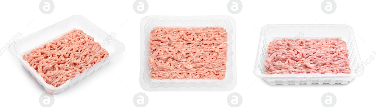 Image of Set with fresh raw chicken minced meat on white background. Banner design