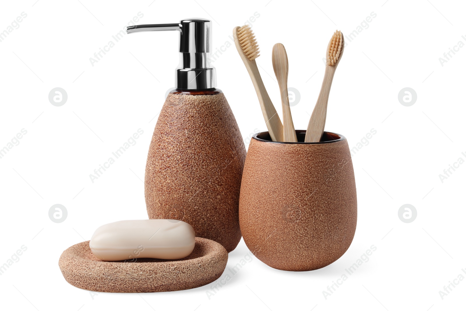 Photo of Bath accessories. Different personal care products isolated on white