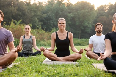 Group of people practicing yoga on mats outdoors. Lotus pose