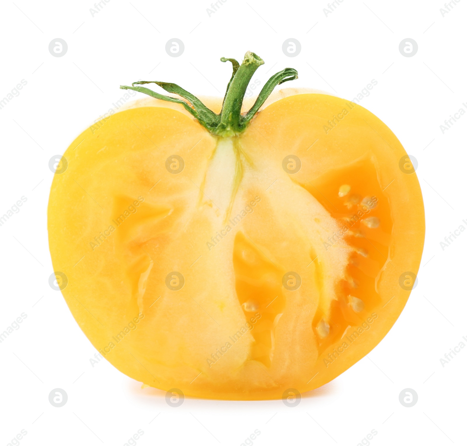 Photo of Piece of delicious ripe yellow tomato isolated on white