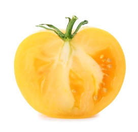 Photo of Piece of delicious ripe yellow tomato isolated on white