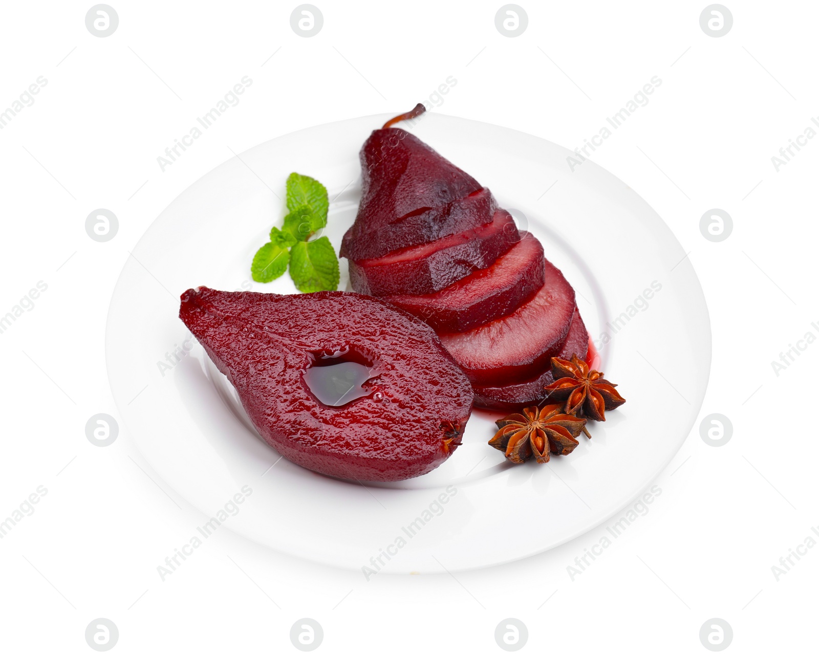 Photo of Tasty red wine poached pear isolated on white