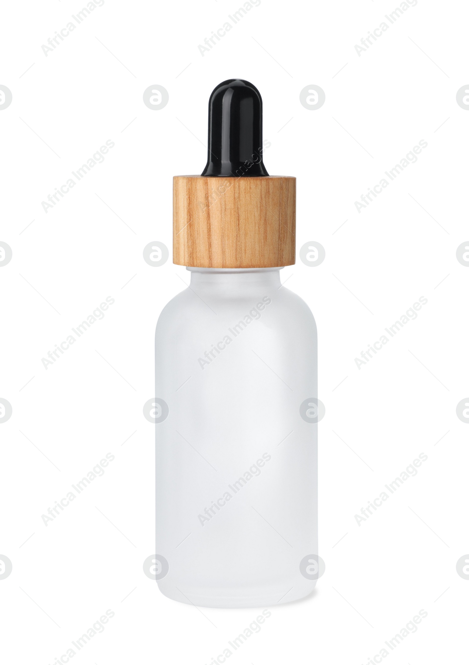 Photo of New empty glass bottle with dropper isolated on white