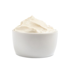 Photo of Ceramic bowl with fresh sour cream isolated on white