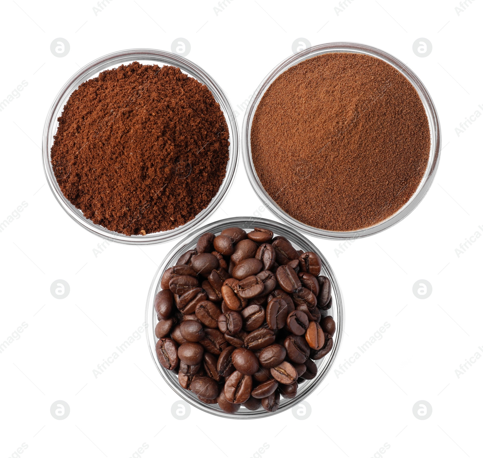 Photo of Bowls with different types of coffee on white background, top view