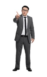 Photo of Angry businessman in suit wearing glasses on white background