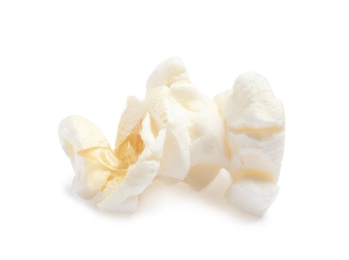 Delicious salty popcorn on white background