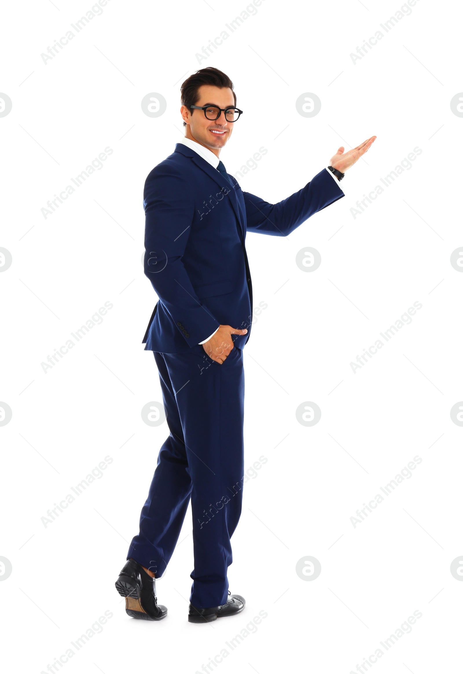 Photo of Professional business trainer pointing on something, white background