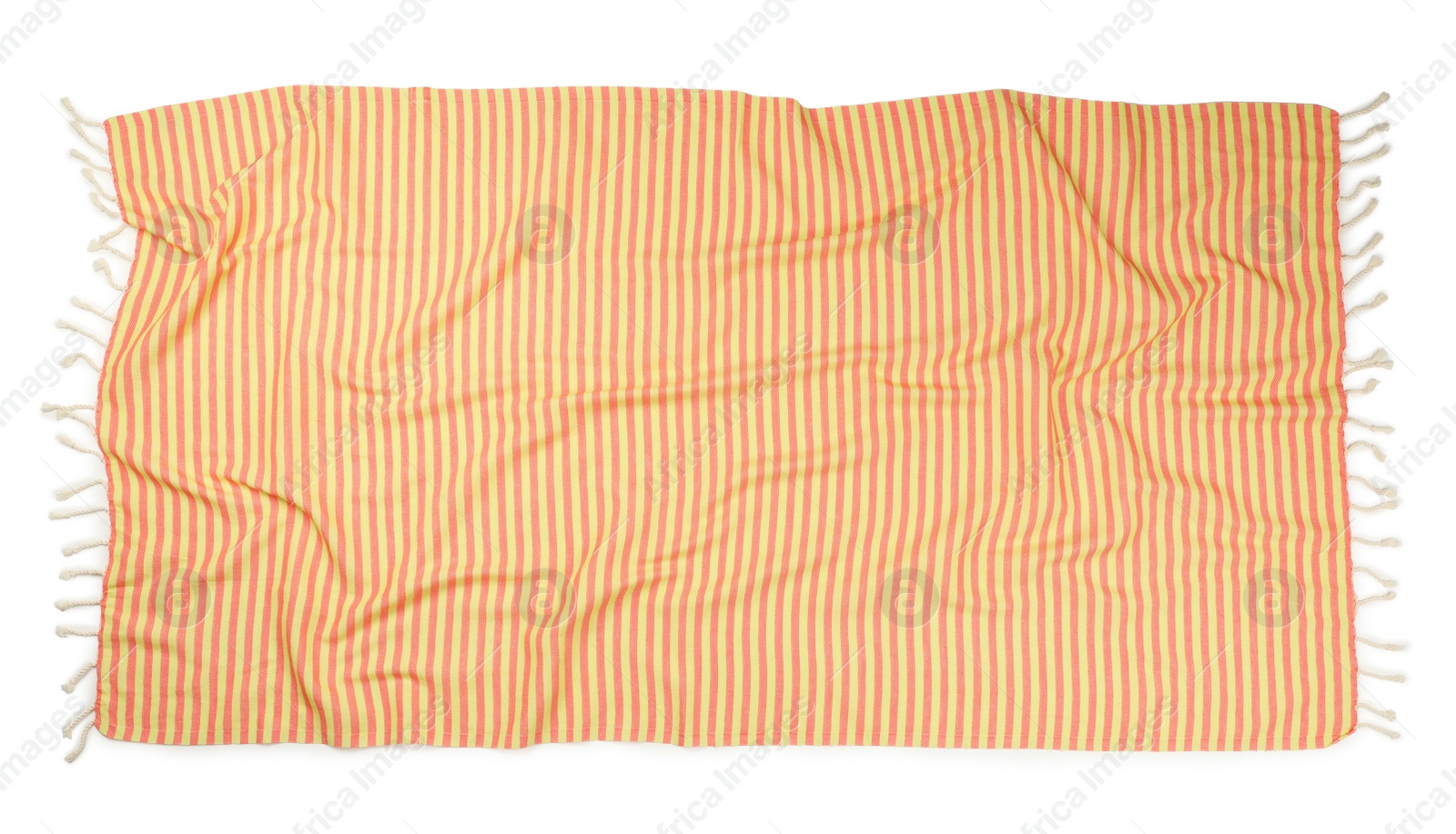 Photo of Crumpled striped beach towel isolated on white, top view