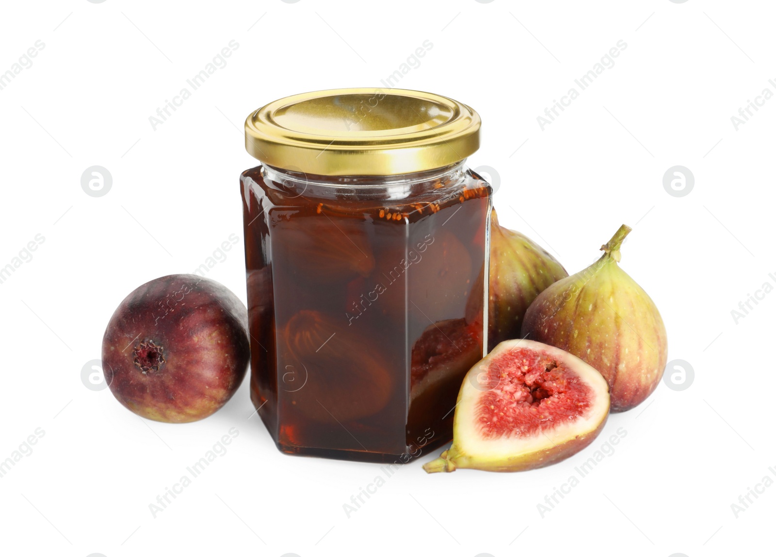 Photo of Jar of tasty sweet jam and fresh figs isolated on white