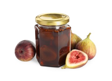 Photo of Jar of tasty sweet jam and fresh figs isolated on white