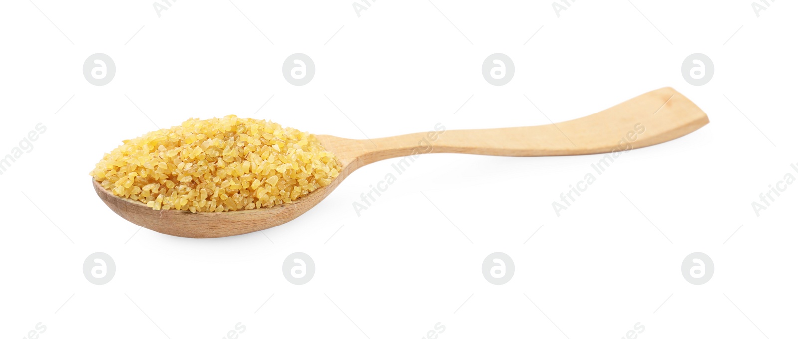 Photo of Spoon with raw bulgur isolated on white