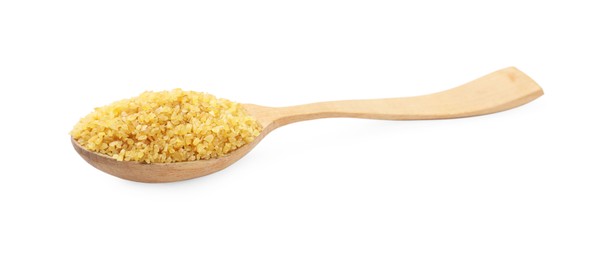 Photo of Spoon with raw bulgur isolated on white