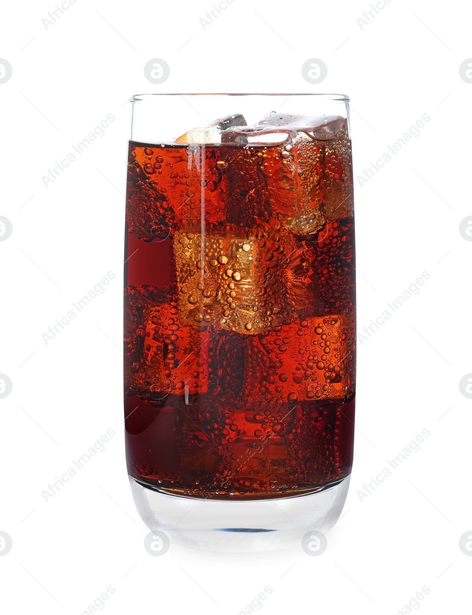 Photo of Glass of refreshing soda water with ice cubes isolated on white