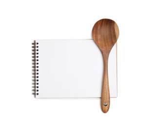 Photo of Blank recipe book and wooden spoon on white background, top view. Space for text