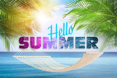 Image of Hello Summer. Hammock between palms near sea on sunny day