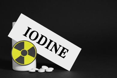 Paper note with word Iodine, bottle, pills and radiation sign on black background. Space for text