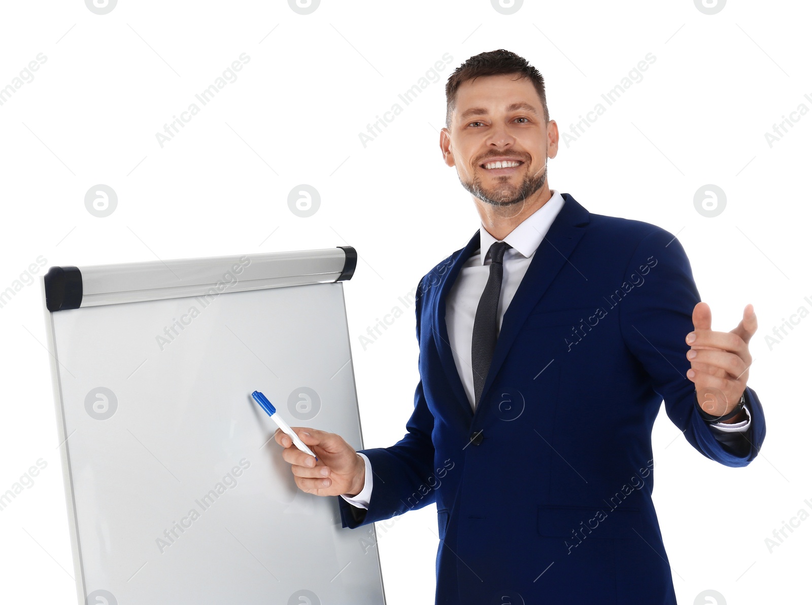 Photo of Professional business trainer near flip chart board on white background. Space for text