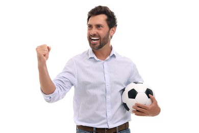 Emotional sports fan with soccer ball on white background