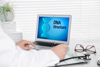 Image of DNA research. Scientist working in office, closeup