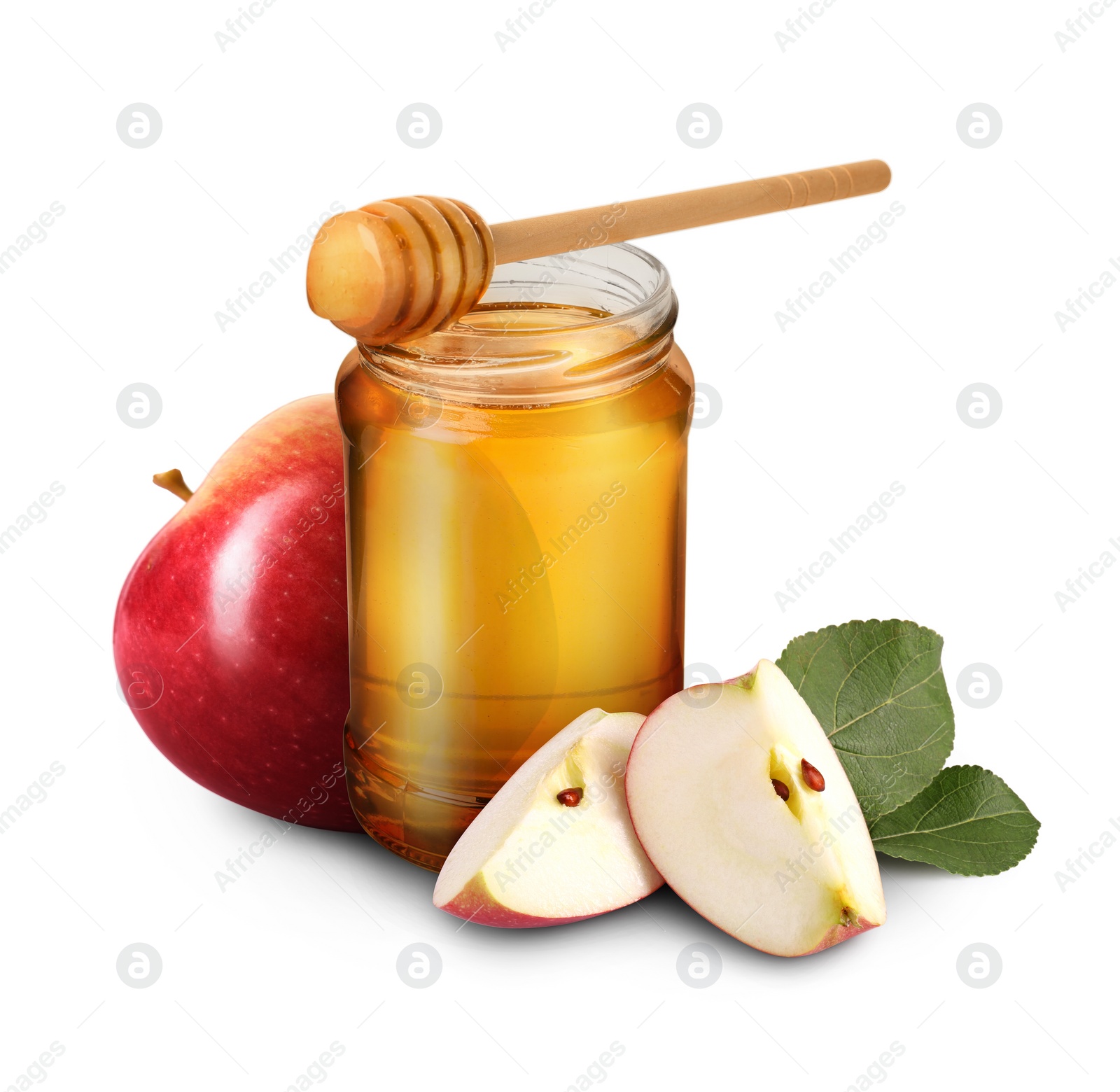 Image of Honey in glass jar, apples and dipper isolated on white