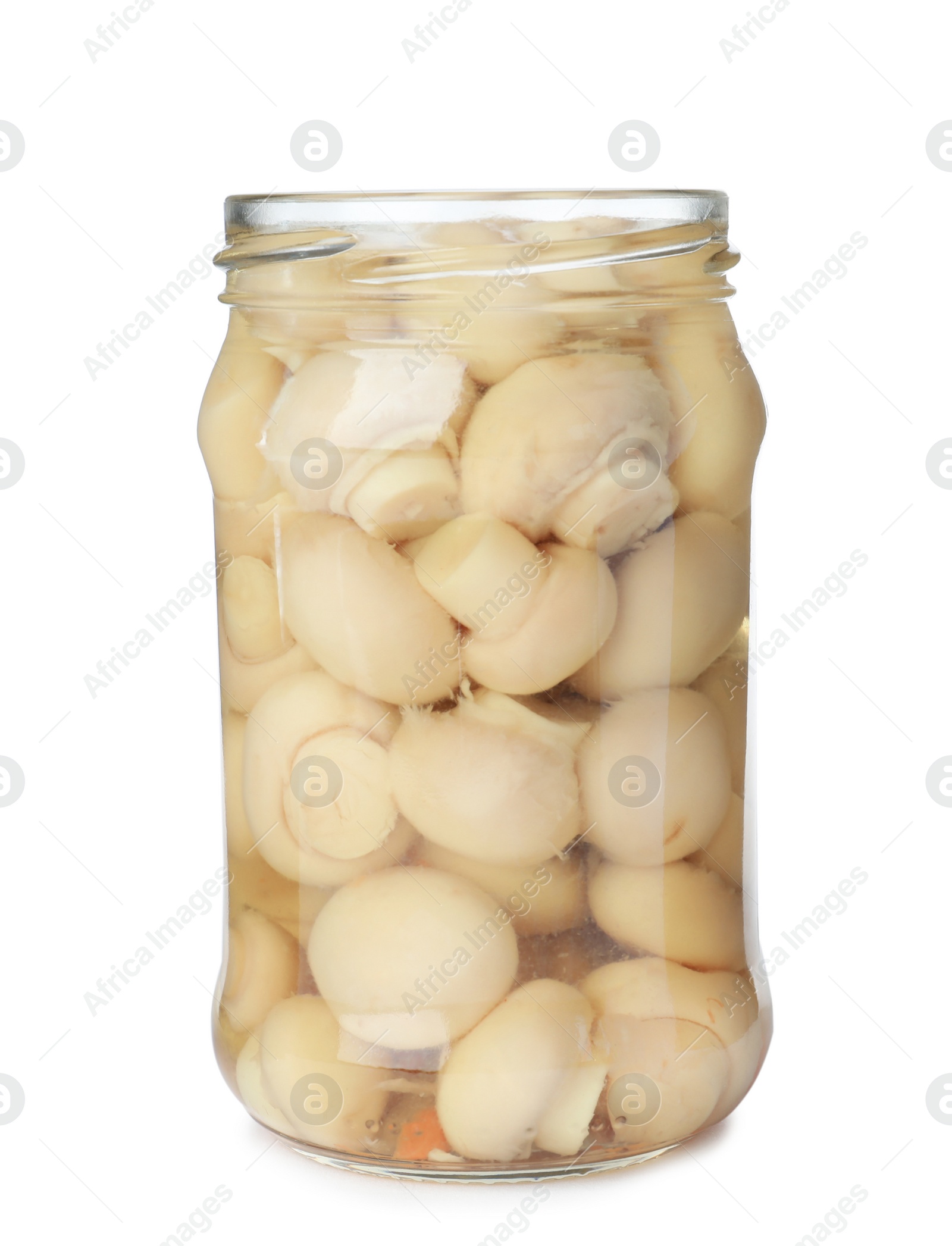 Photo of Glass jar with pickled mushrooms isolated on white